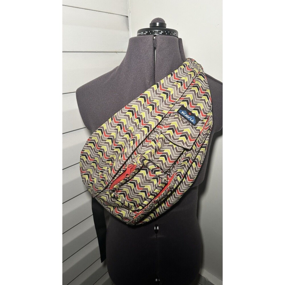 Kavu Rope Sling Crossbody Bag Geometric Print Multi-Pocket Hike Travel Teal Gray
